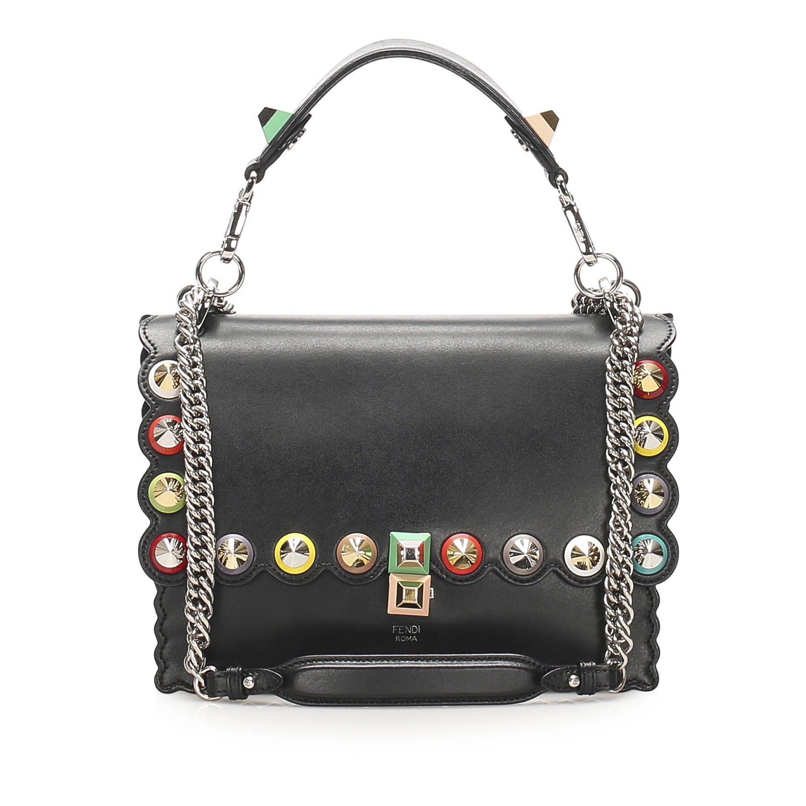 Authentic Fendi Kan I Leather Crossbody Bag: The Kan I features a leather body with studs a curb chain straps a front flap with a metal lock closure and an interior slip pocket. Brand: Fendi Model: Kan I Leather Crossbody Bag Origin: Italy Categ
