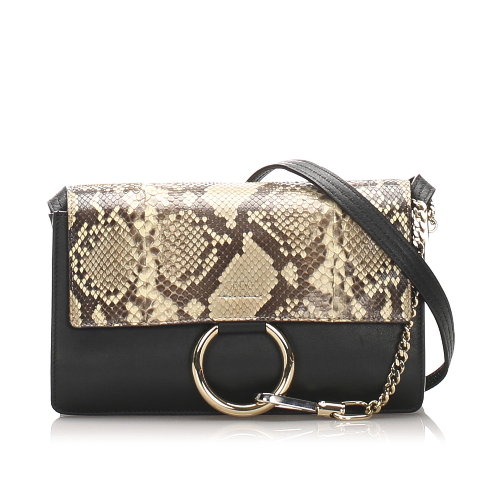 Authentic Chloe Faye Leather Crossbody Bag: This Faye features a leather body flat leather strap snake skin top flap with hook closure and interior zip pocket. Brand: Chloe Model: Faye Leather Crossbody Bag Origin: France Category: Crossbody Ba