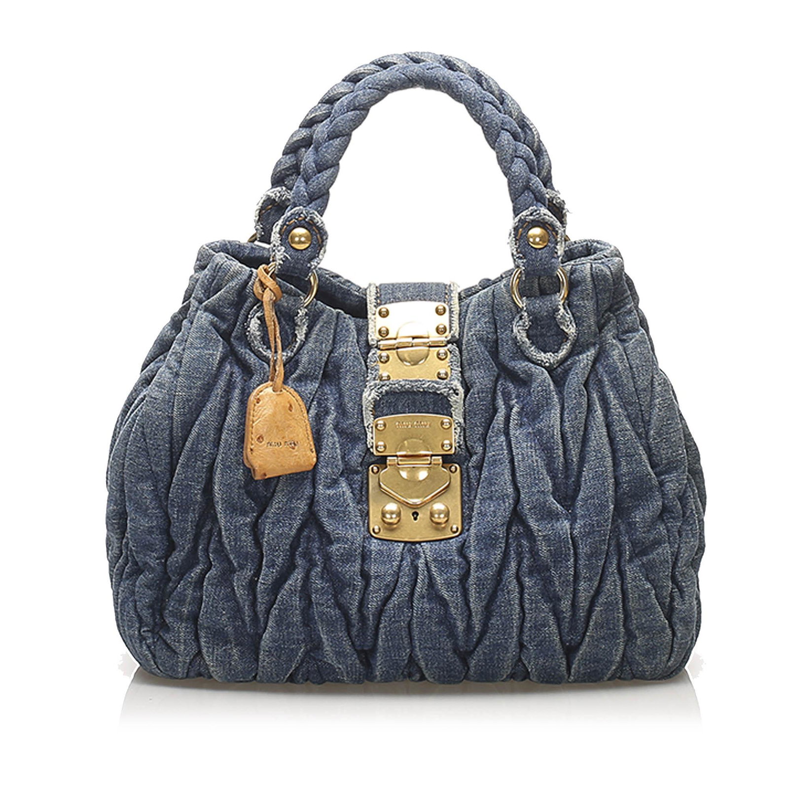 Authentic Miu Miu Coffer Denim Satchel: This satchel features a gathered denim body braided denim handles an open top with push lock closure and an interior zip pocket. Brand: Miu Miu Model: Coffer Denim Satchel Origin: France Category: Sat
