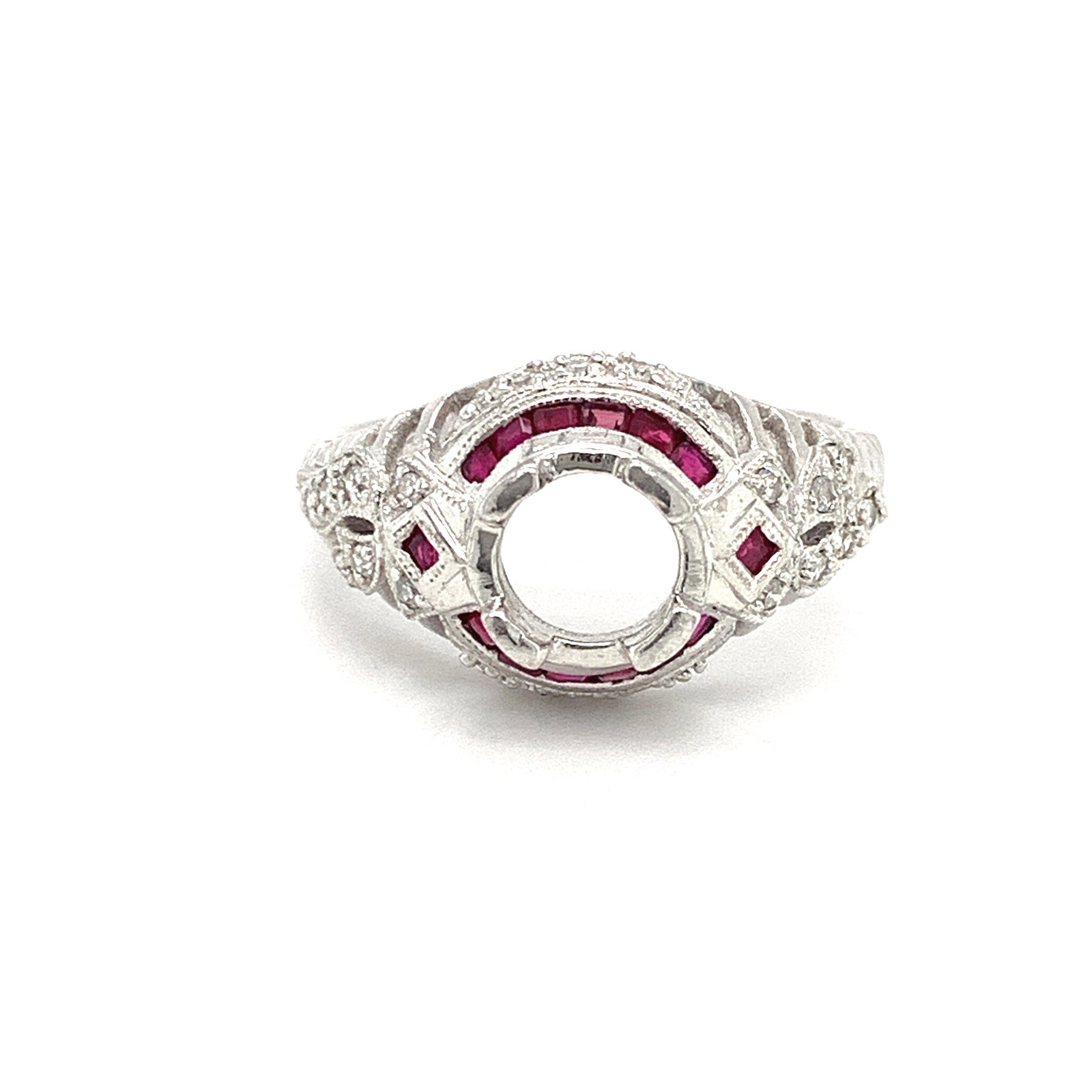Estate Ring: Jewelry Type : Ring Jewelry Style : Semi-Mount Metal Type : Platinum Metal Weight : 5.90 g Brand : Estate Side Stone 1 : Stone Type : Diamond Side Stone 1 : Shape : Round Side Stone 1 : Stone Weight :