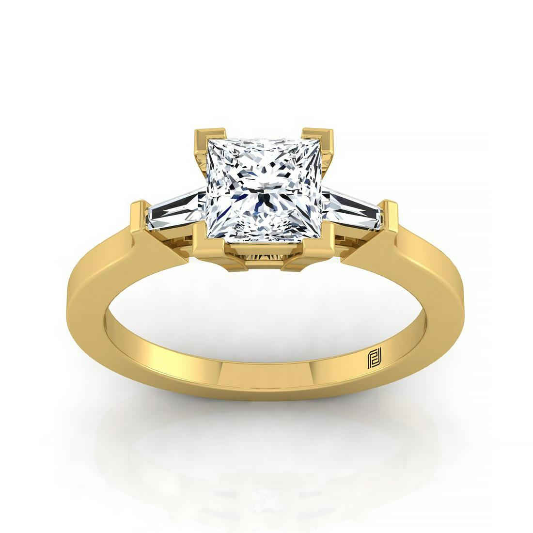 Princess Cut Diamond Solitaire Engagement Ring With: Understated Elegance, This Princess Cut Diamond Solitaire Engagement Ring Showcases Side Tapered Baguettes (0.16ctw) With A High Polished Squared Edge Shank In 14k Yellow Gold 14k Yellow Gold Engageme
