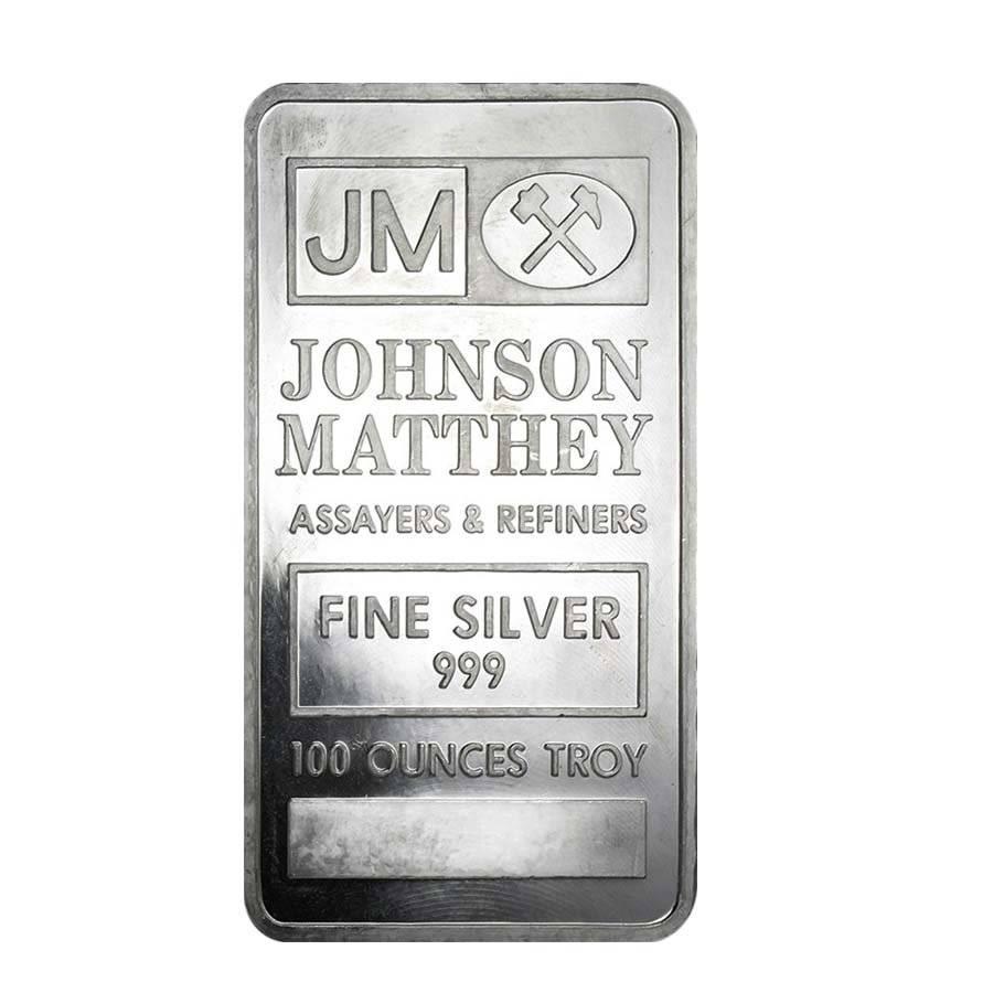 100 oz Johnson Matthey (JM) Silver Vintage Pressed Bar: You are bidding on the total lot which includes 1 of the following item: 100 oz Johnson Matthey (JM) Silver Vintage Pressed Bar .999 Fine Please note bar may exhibit scratches dings toning and discolo