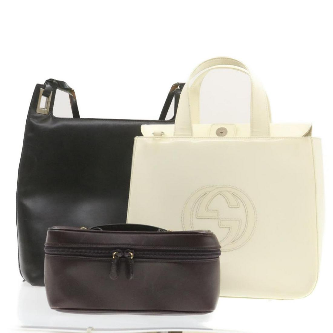 Authentic GUCCI Hand Bag 3set Black White Purple: Brand: GUCCI Style: Hand Bag Material: Leather / Patent Leather Color: Black / Purple / White Made In: Italy Size (Inches): W8.66 x H3.93 x D5.11inch W11.41 x H9.44 x D3.93inch W11.81 x H11.02 x D3.5