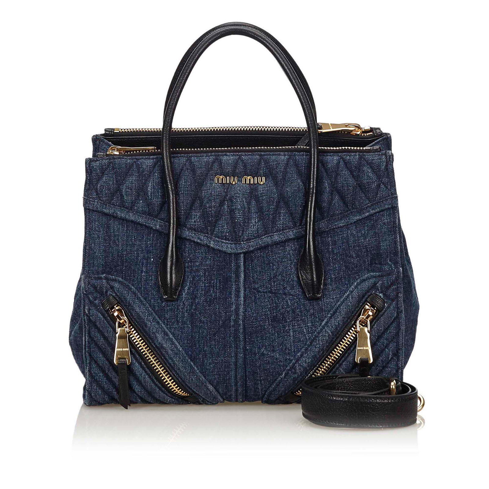 Authentic Miu Miu Denim Biker Bag: The Biker Bag features a denim body, exterior front zip pockets, rolled leather handles, zip compartments, open top, and interior zip and slip pocket. Brand: Miu Miu Model: Denim Biker Bag Origin: Ita