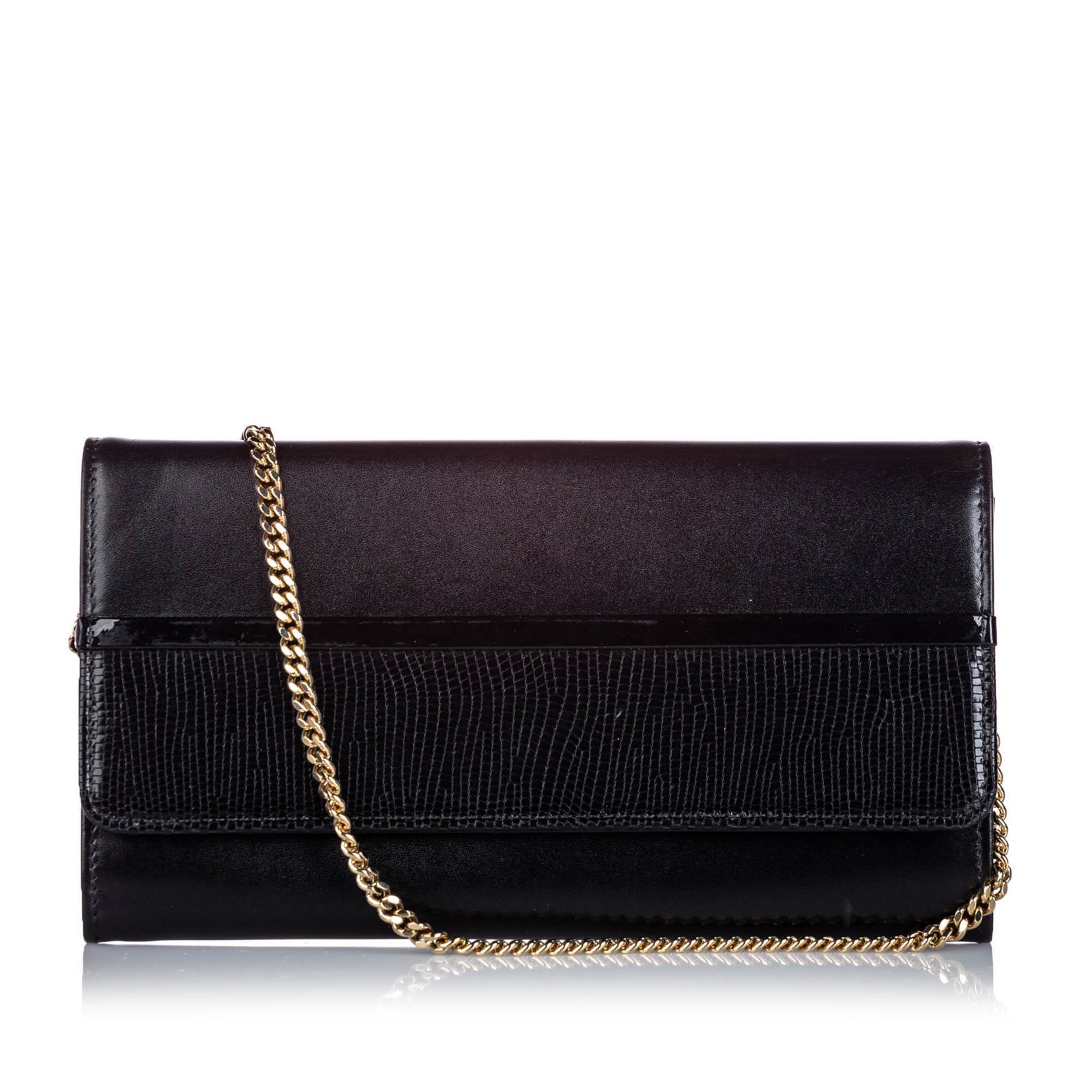 Authentic Lanvin Embossed Leather Wallet On Chain: This wallet on chain features a leather body with embossed trim gold toned chain front flap with snap button closure and interior zip and slip pockets. Brand: Lanvin Model: Embossed Leather Wallet On 