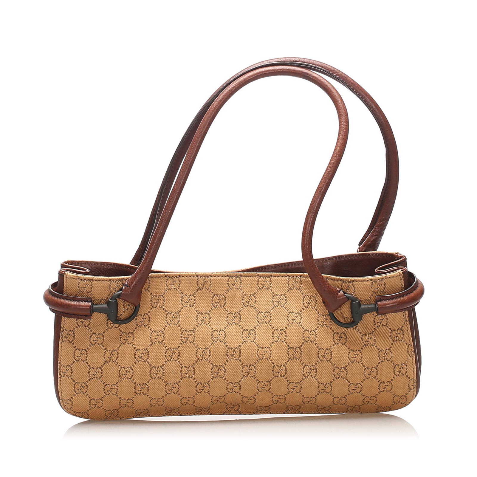 Authentic Gucci GG Canvas Shoulder Bag: This shoulder bag features a canvas body with leather trim rolled leather straps an open top with snap button closure and an interior zip pocket. Brand: Gucci Model: GG Canvas Shoulder Bag Origin: Ita