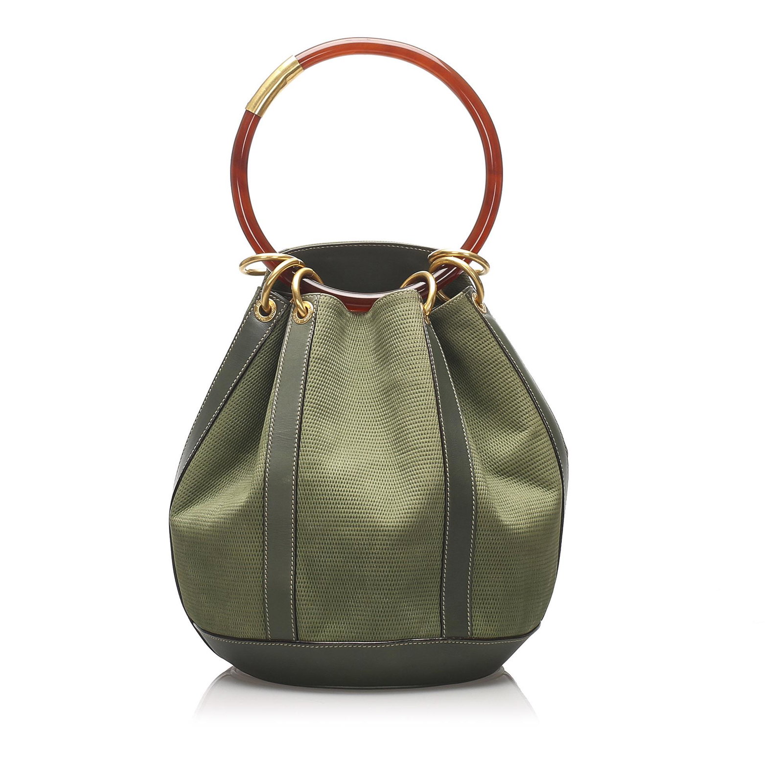 Authentic Gucci Ring Canvas Bucket Bag: This bucket bag features a canvas body with leather trim a top handle and an open top. Brand: Gucci Model: Ring Canvas Bucket Bag Origin: Italy Category: Bucket Bag Color: Green x Dark Green x Brown S