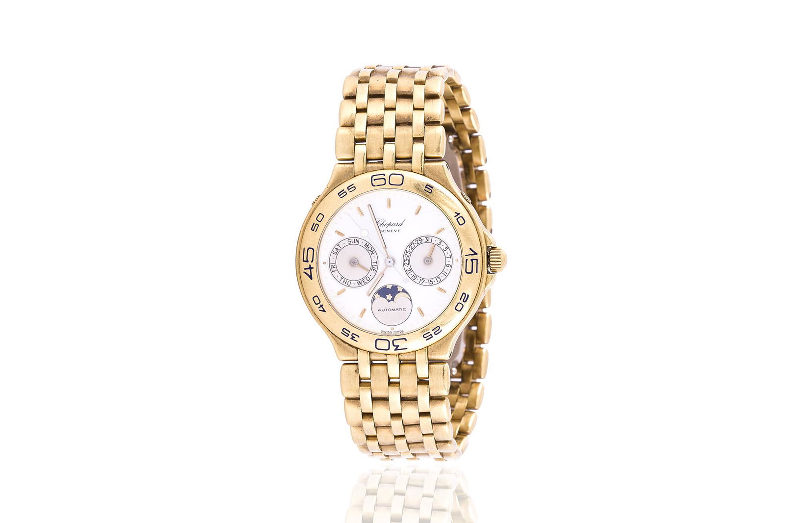 Authentic Chopard Geneve Watch: Chopard Geneve watch finely crafted in 18k yellow gold and yellow gold bracelet Quartz movement case diameter 33mm. All Bidhaus items come with a 100% money-back authenticity guarantee. ALL SALES ARE