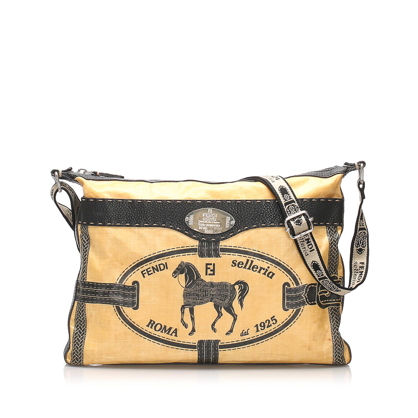Authentic Fendi Selleria Shoulder Bag: The Selleria shoulder bag features a PVC body with leather trim a flat canvas adjustable strap a top zip closure and an interior zip pocket. Brand: Fendi Model: Selleria Shoulder Bag Origin: Italy Cat