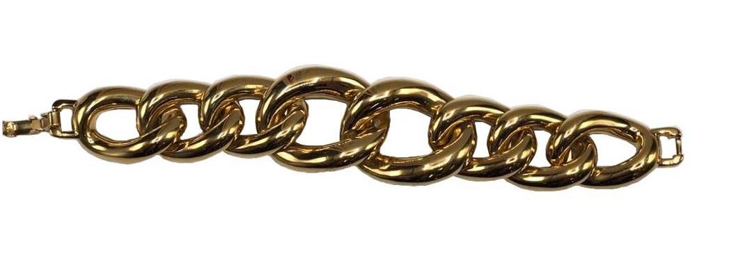 Authentic Givenchy Gold Jumbo Chain Bracelet: Brand: Givenchy Material: Gold Plate Style: Bracelet Color: Gold Clasp: Box with bar Diameter(inch): 8 L x 1.5 W Country of Origin: France Hallmark: "Givenchy" All Bidhaus items come with a 100% money