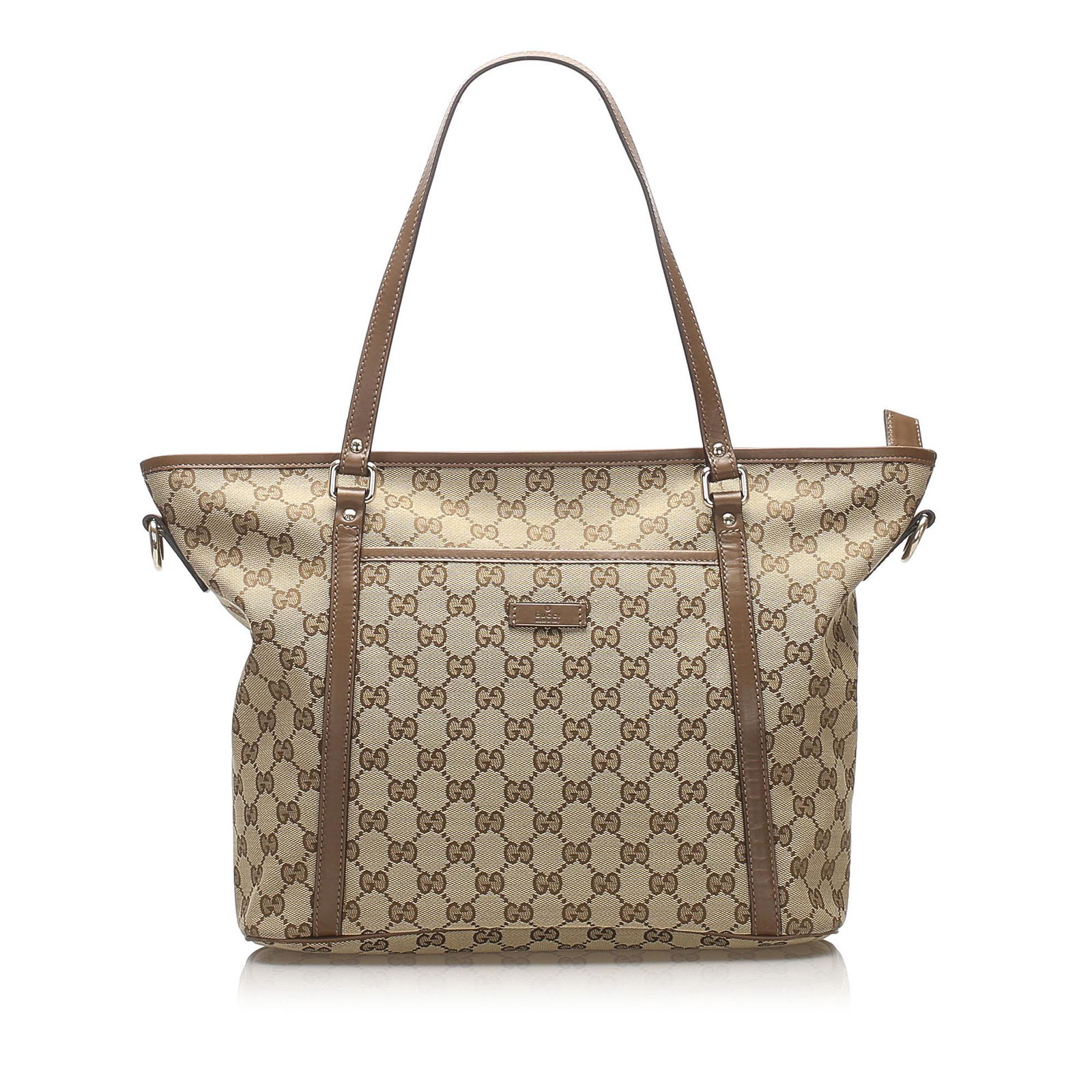 Authentic Gucci GG Supreme Canvas Tote Bag: This tote bag feature a canvas body with leather trim a flat leather straps an exterior front slip pocket a top zip closure and an interior zip and slip pocket. Brand: Gucci Model: GG Supreme Canvas T