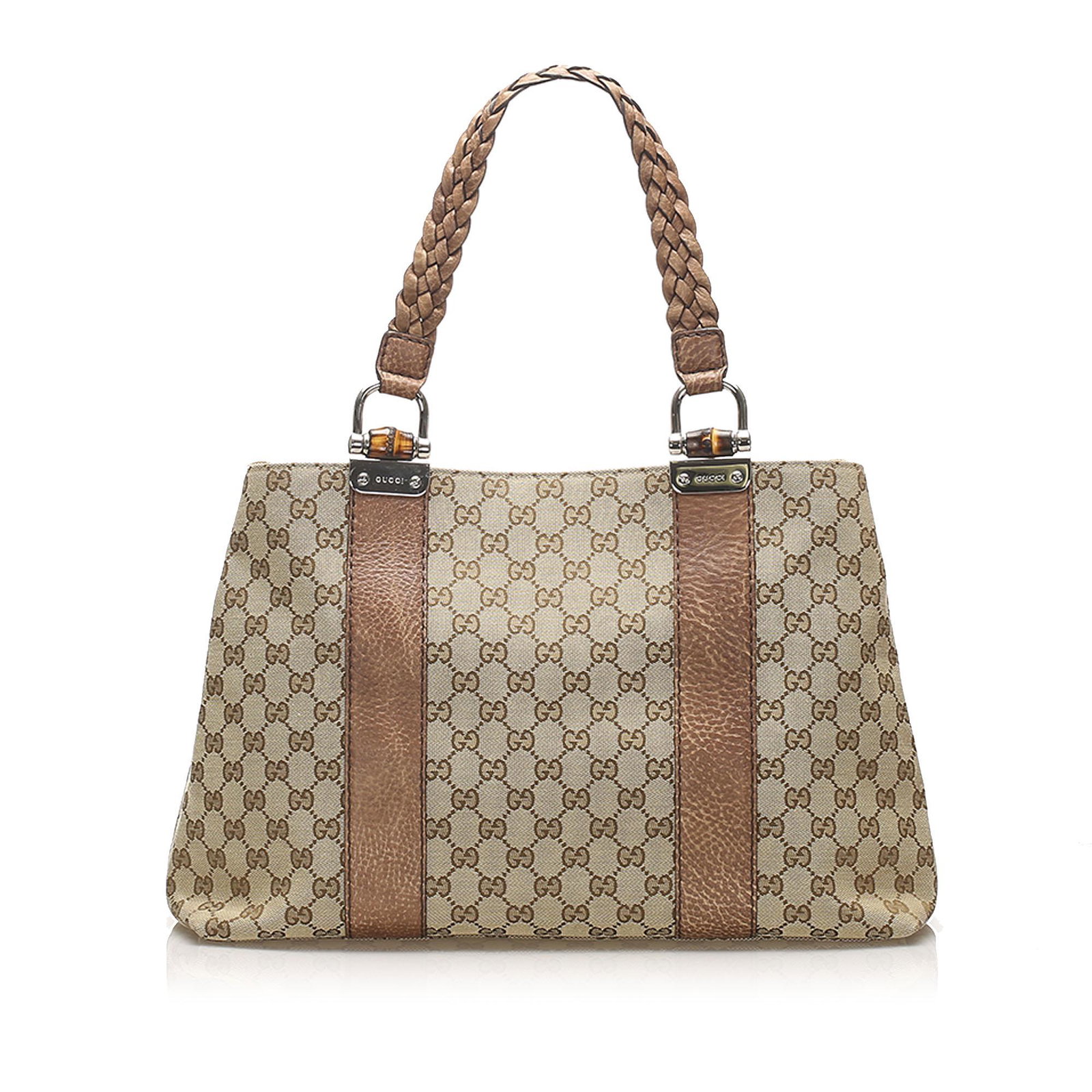 Authentic Gucci GG Canvas Bamboo Libeccio Tote Bag: This tote features a canvas body with leather trim flat braided straps an open top an interior zip compartment and interior zip and slip pockets. Brand: Gucci Model: GG Canvas Bamboo Libeccio Tote Bag