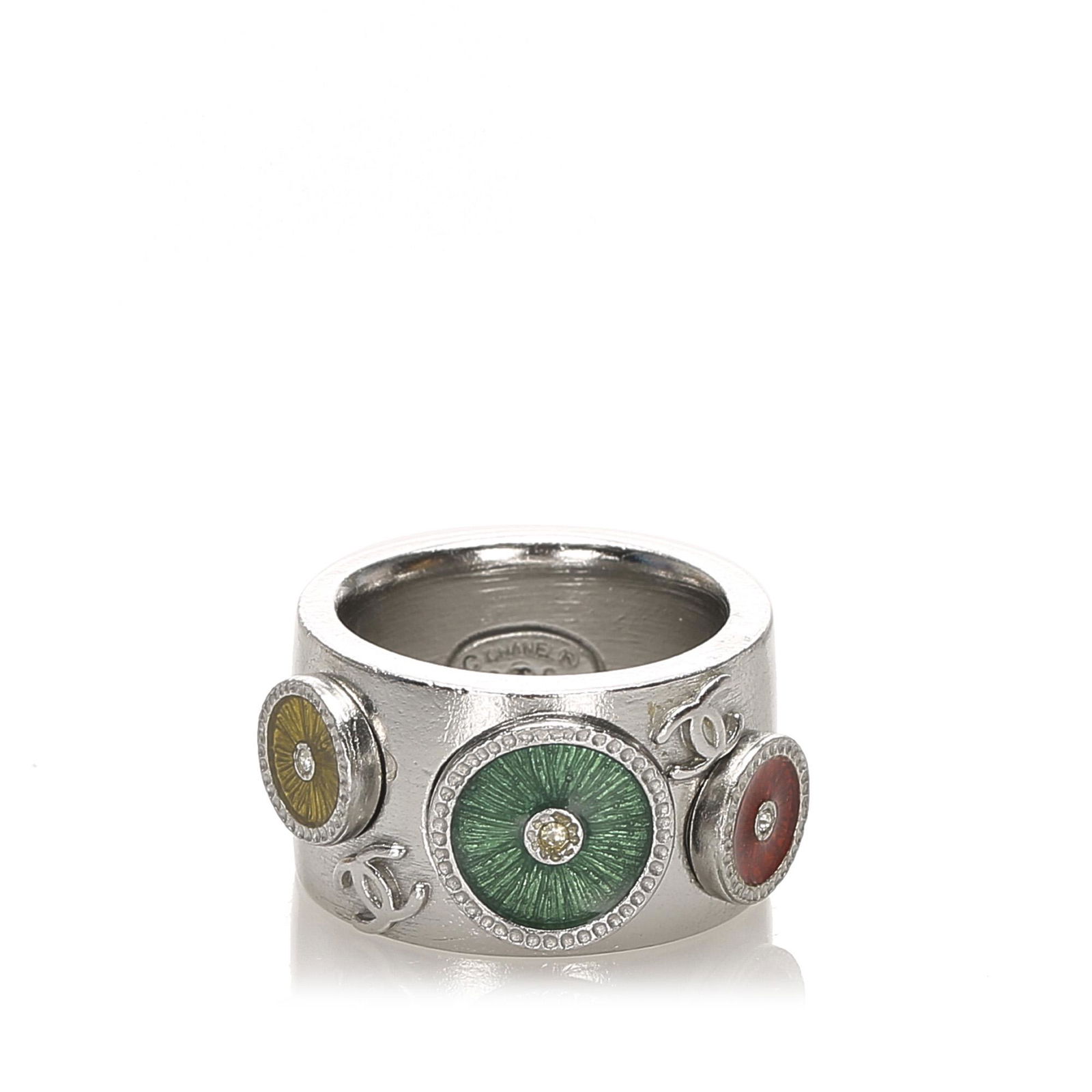 Authentic Chanel Silver-Tone Ring: This ring features a silver-tone metal hardware. Brand: Chanel Model: Silver-Tone Ring Origin: France Category: Costume Ring Color: Silver x Multi Style: Others Material: Metal x Brass Condition: B+ L