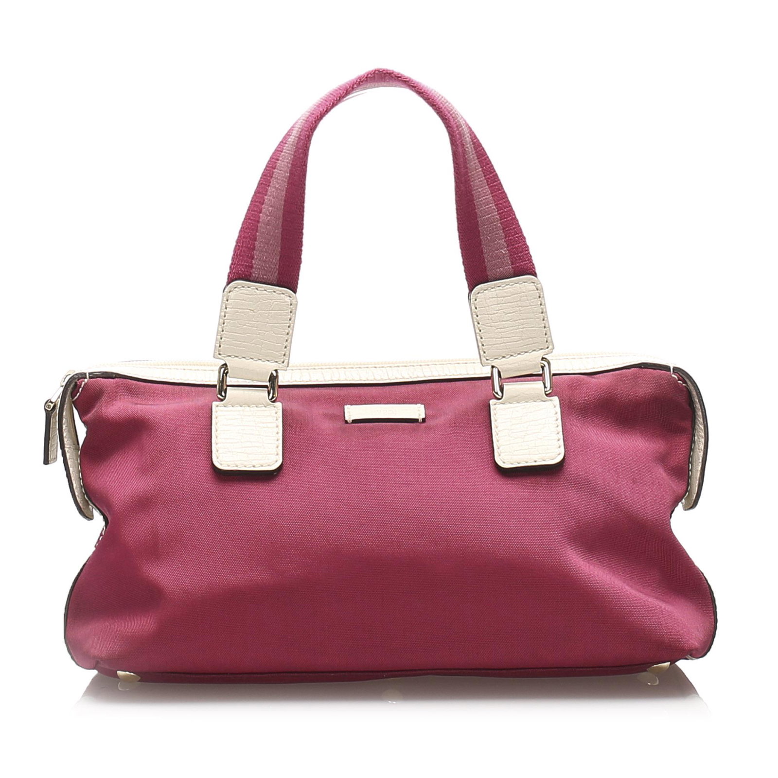 Authentic Gucci Nylon Handbag: This handbag features a nylon body with leather trim flat nylon handles a top zip closure and interior zip and slip pockets. Brand: Gucci Model: Nylon Handbag Origin: Italy Category: Handbag Color: Re