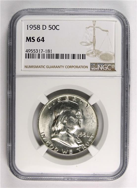 Ben Franklin: Ben Franklin Date: 1958 Cert: NGC Grade: MS-64 Mint: D Denomination: $0.5 All Bidhaus items come with a 100% money-back authenticity guarantee. ALL SALES ARE FINAL. Please refer to images carefully fo