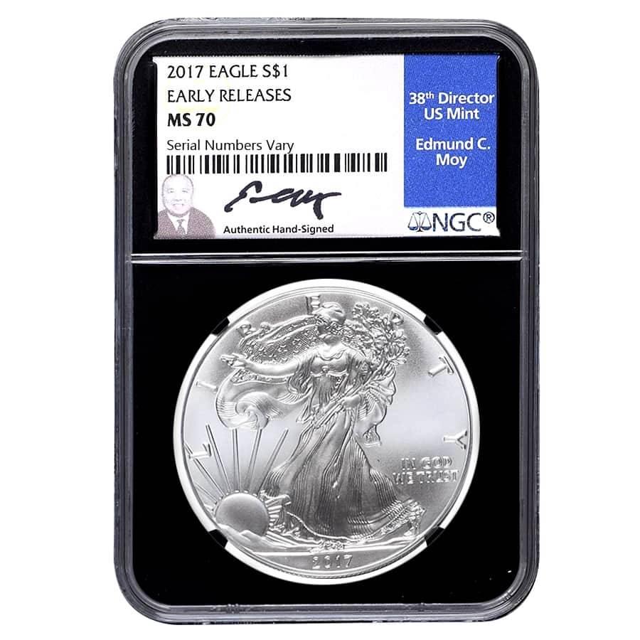 2017 1 oz Silver American Eagle $1 Coin NGC MS 70 ER: You are bidding on the total lot which includes 1 of the following item: 2017 1 oz Silver American Eagle $1 Coin NGC MS 70 ER (Retro Edmund C. Moy Sign) This 2017 1 oz Silver American Eagle $1 Coin NG