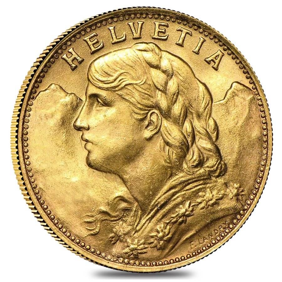 20 Francs Swiss Helvetia Vreneli Gold Coin AGW .1867: You are bidding on the total lot which includes 1 of the following item: 20 Francs Swiss Helvetia Vreneli Gold Coin AGW .1867 AU/BU (1897-1949 Random Year) The Swiss 20 Francs Vreneli gold coins were 