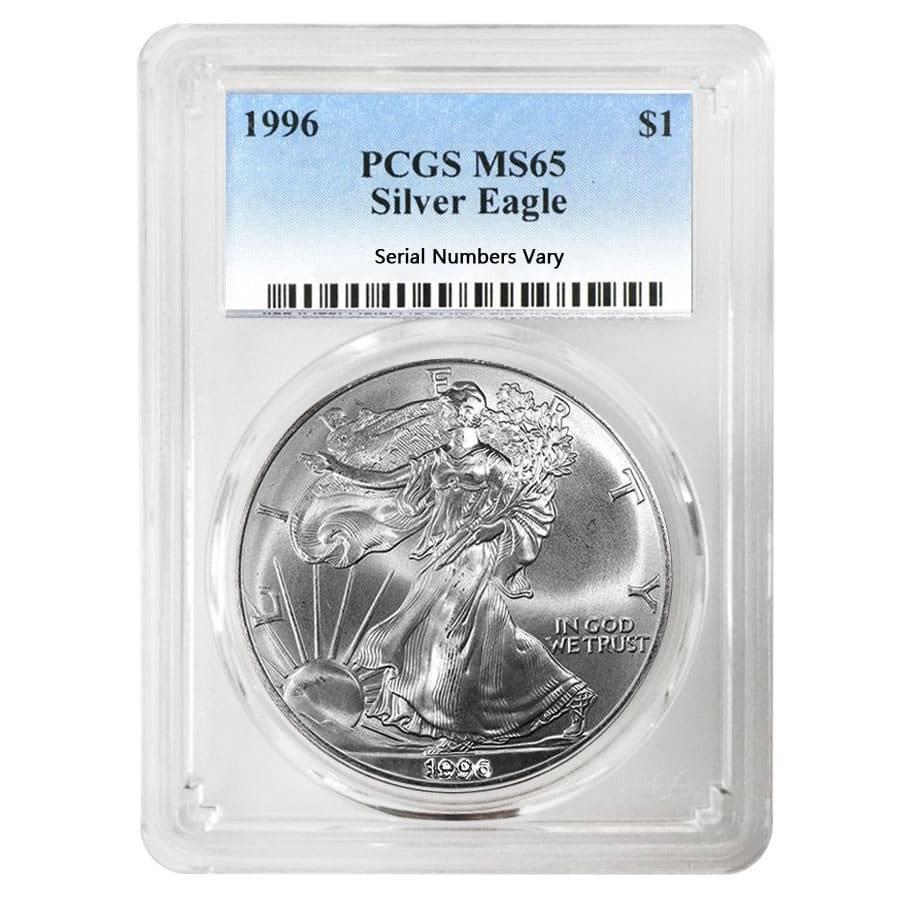 1996 1 oz Silver American Eagle $1 Coin PCGS MS 65: You are bidding on the total lot which includes 1 of the following item: 1996 1 oz Silver American Eagle $1 Coin PCGS MS 65 Bidhaus now offers the 1996 1 oz Silver American Eagle Coin graded as Mint S
