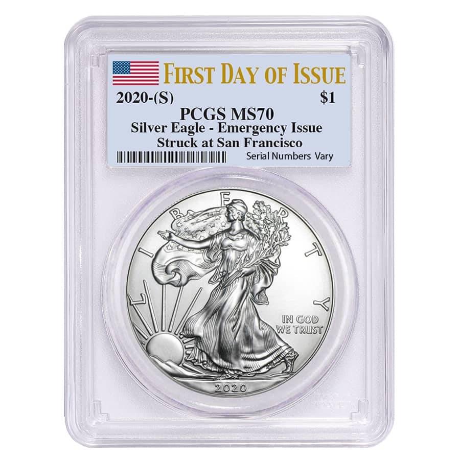 2020 (S) 1 oz Silver American Eagle $1 Coin PCGS MS 70: You are bidding on the total lot which includes 1 of the following item: 2020 (S) 1 oz Silver American Eagle $1 Coin PCGS MS 70 FDOI Emergency Issue Please note this coin was produced by the San Franc