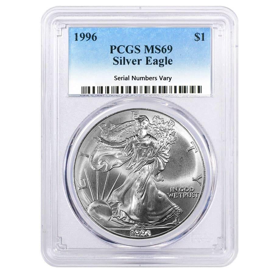 1996 1 oz Silver American Eagle $1 Coin PCGS MS 69: You are bidding on the total lot which includes 1 of the following item: 1996 1 oz Silver American Eagle $1 Coin PCGS MS 69 Bidhaus now offers the 1996 1 oz Silver American Eagle Coin graded a near-pe