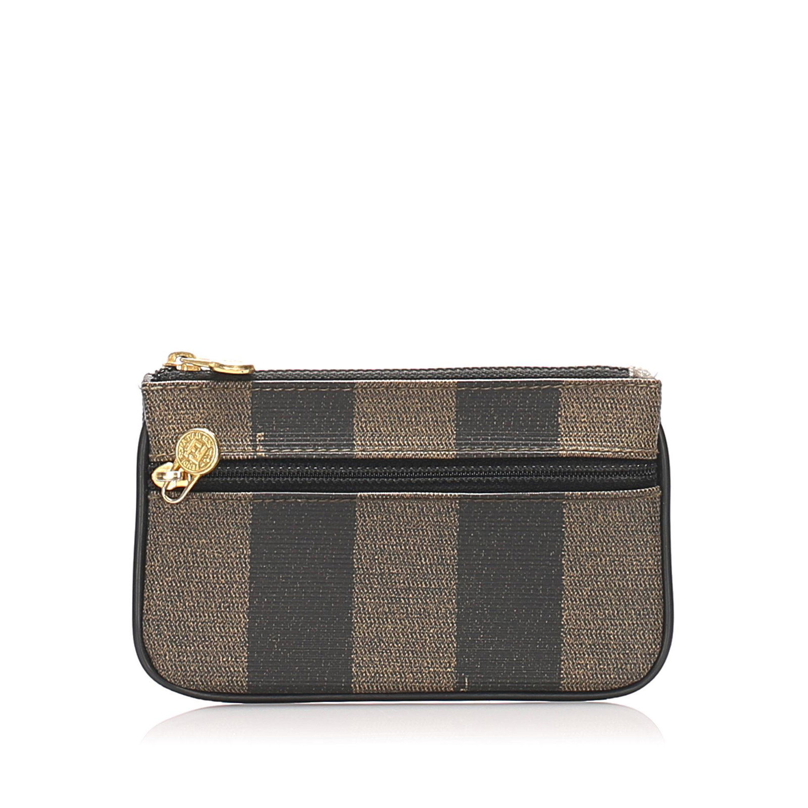 Authentic Fendi Pequin Coin Pouch: This coin pouch features a coated canvas body an exterior front zip pocket and a top zip closure. Brand: Fendi Model: Pequin Coin Pouch Origin: Italy Category: Coin Pouch Color: Black x Brown x Dark B