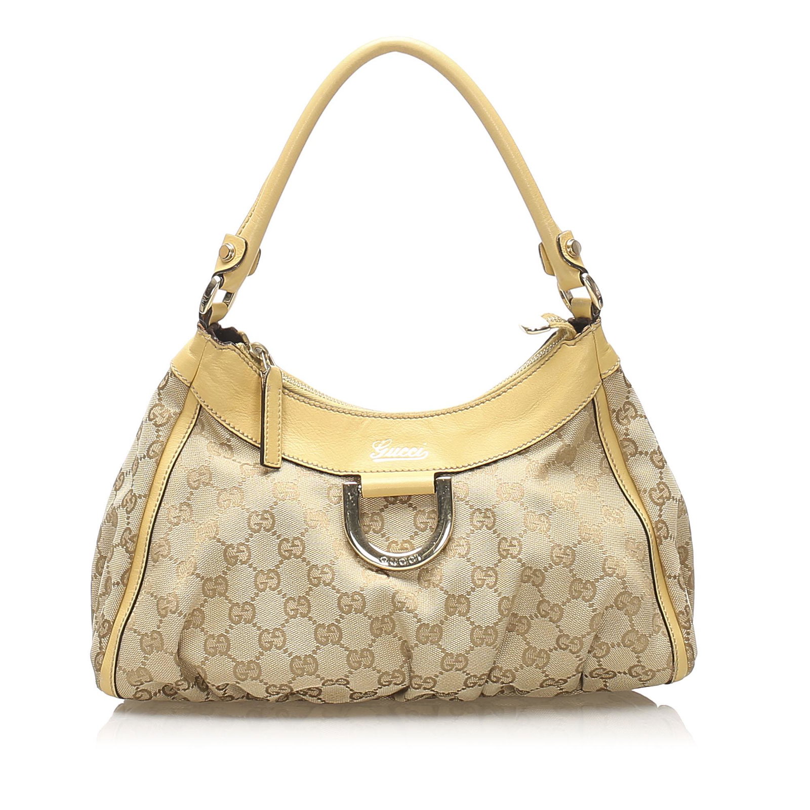 Authentic Gucci GG Canvas Abbey D-Ring Handbag: The Abbey D-Ring handbag features a canvas body with leather trim a rolled leather handle a top zip closure and interior zip and slip pockets. Brand: Gucci Model: GG Canvas Abbey D-Ring Handbag Origin