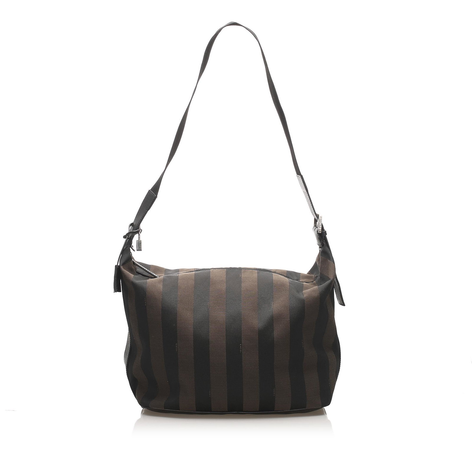 Authentic Fendi Pequin Canvas Shoulder Bag: This shoulder bag features a canvas body a flat leather strap a top zip closure and an interior zip pocket. Brand: Fendi Model: Pequin Canvas Shoulder Bag Origin: Italy Category: Shoulder Bag Color: B