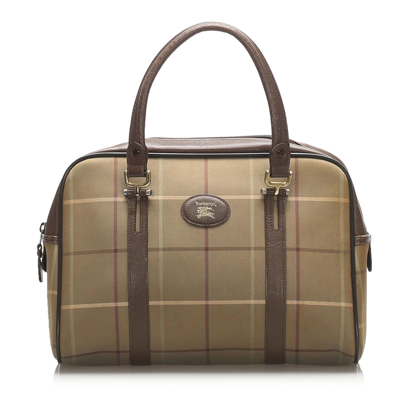 Authentic Burberry Plaid Canvas Handbag: This handbag features a plaid canvas body with leather trim flat leather handles a top zip closure and interior slip pockets. Brand: Burberry Model: Plaid Canvas Handbag Origin: United Kingdom Categor