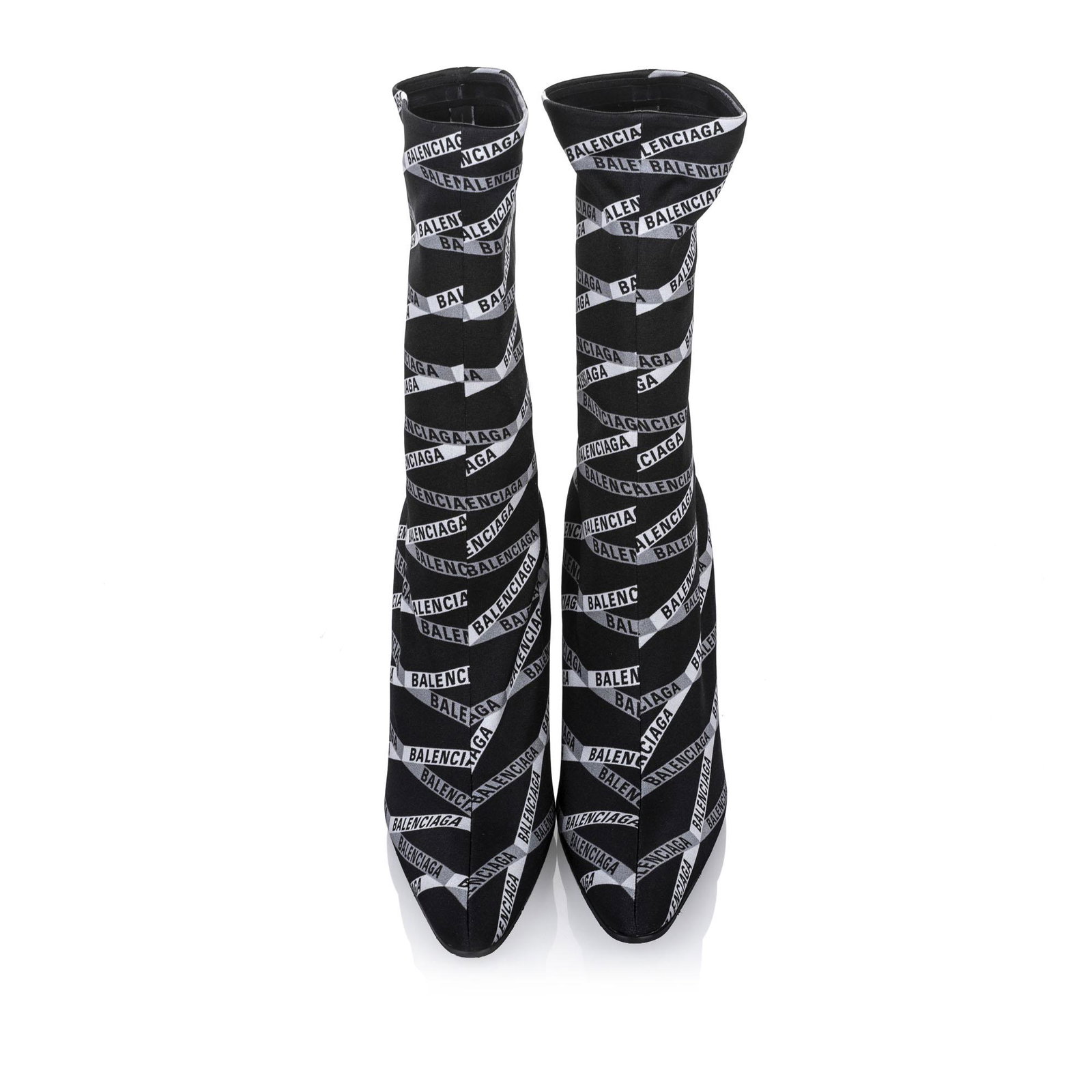 Authentic Balenciaga Logo Spandex Boots: These boots feature a printed jersey crepe upper leather insoles stiletto heels and leather soles. Heel height: 8 cm. Brand: Balenciaga Model: Logo Spandex Boots Origin: Italy Category: Boots Color: B