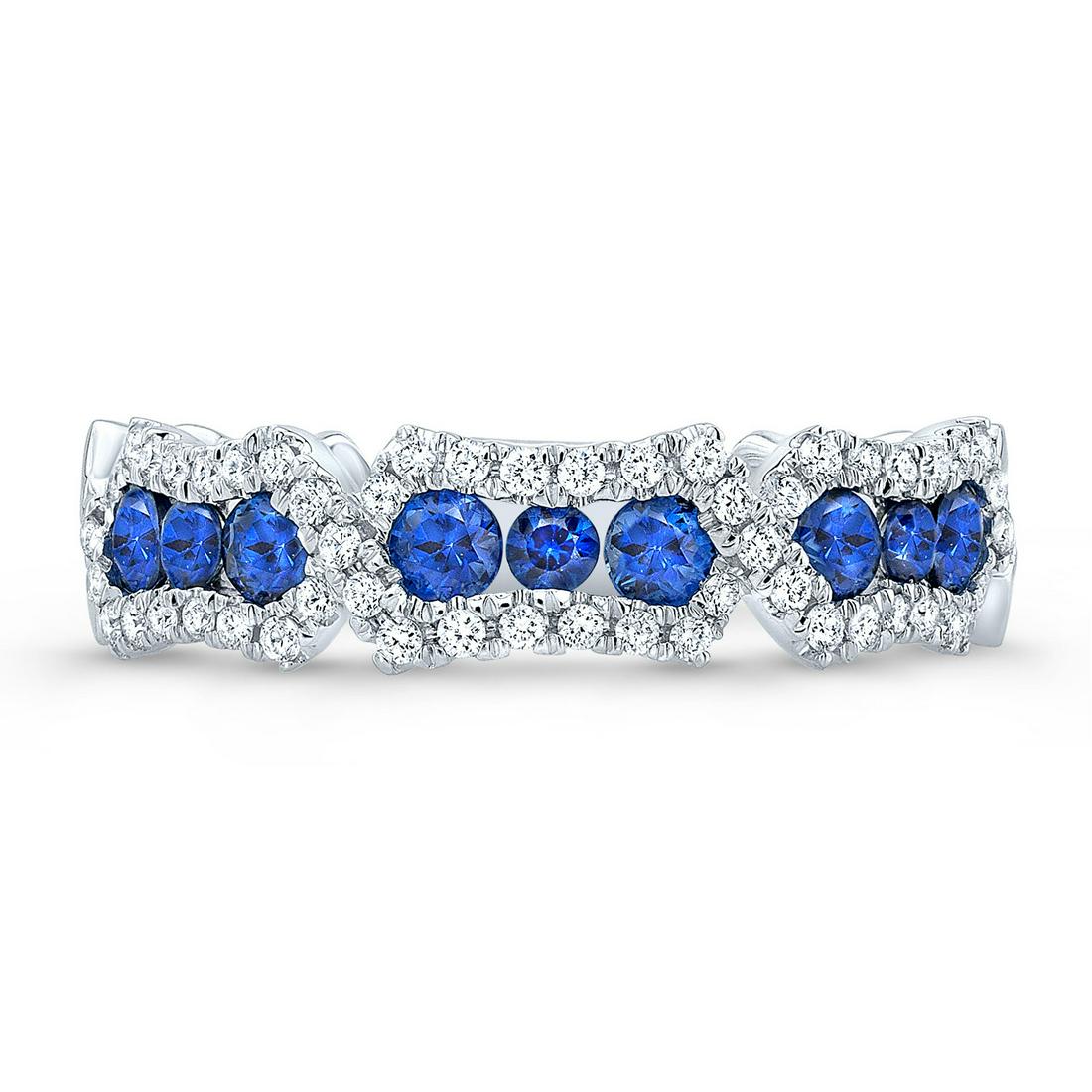 Sapphire And Diamond Sectional Band In 14k White Gold: Trendy Sectional Band Features Vibrant Round Sapphires Accented By 1/5 Carats Of Round Brilliant Diamonds Set In 14k White Gold 14k White Gold Ring With 9 Round Sapphires At 2.0-2.7mm (0.70 Carats) An