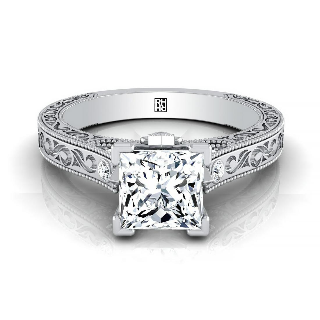 Princess Cut Diamond Solitaire Engagement Ring With: Understated Elegance, This Princess Cut Diamond Engagement Ring Showcases A Scroll Engraved Design Shank With A Classic High Polish Finish In 18k White Gold - Gia Ctr 0.70ctw (j/si2) Gia Cert No. 2314