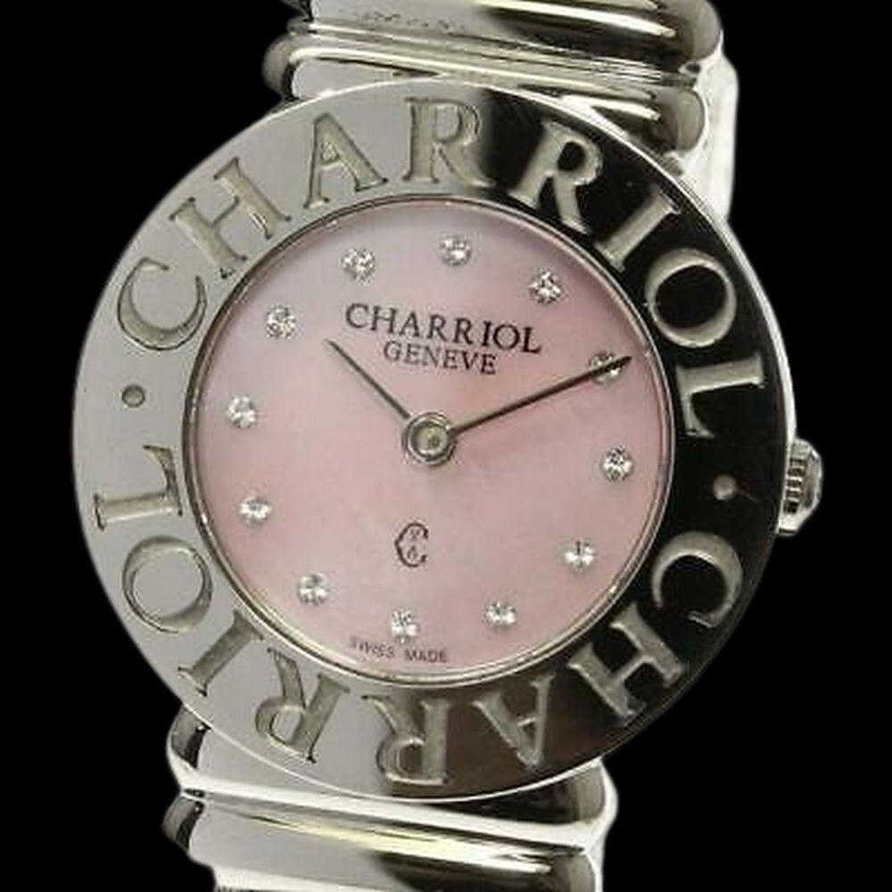 Authentic CHARRIOL Saint-Tropez 0282 Quartz Ladies SS: Product information Target: Ladies Material: SS x SS Dial color: Pink shell Movement: Quartz Ref.No: 028/2 Serial: G13 Accessories: None (body only) Case size (w): About 25mm Belt size: Approximately