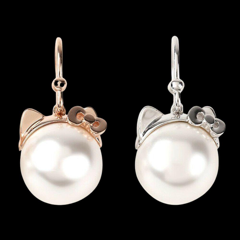 Authentic Sanrio Earrings Hello Kitty Cat Ear Ladies: Condition: New Item size is 23mm 10mm Materials: Body: 925 silver Synthetic Pearl Pink gold color (pink gold plated) Silver color (rhodium plating) What you see in the pictures is all you receive. Pic