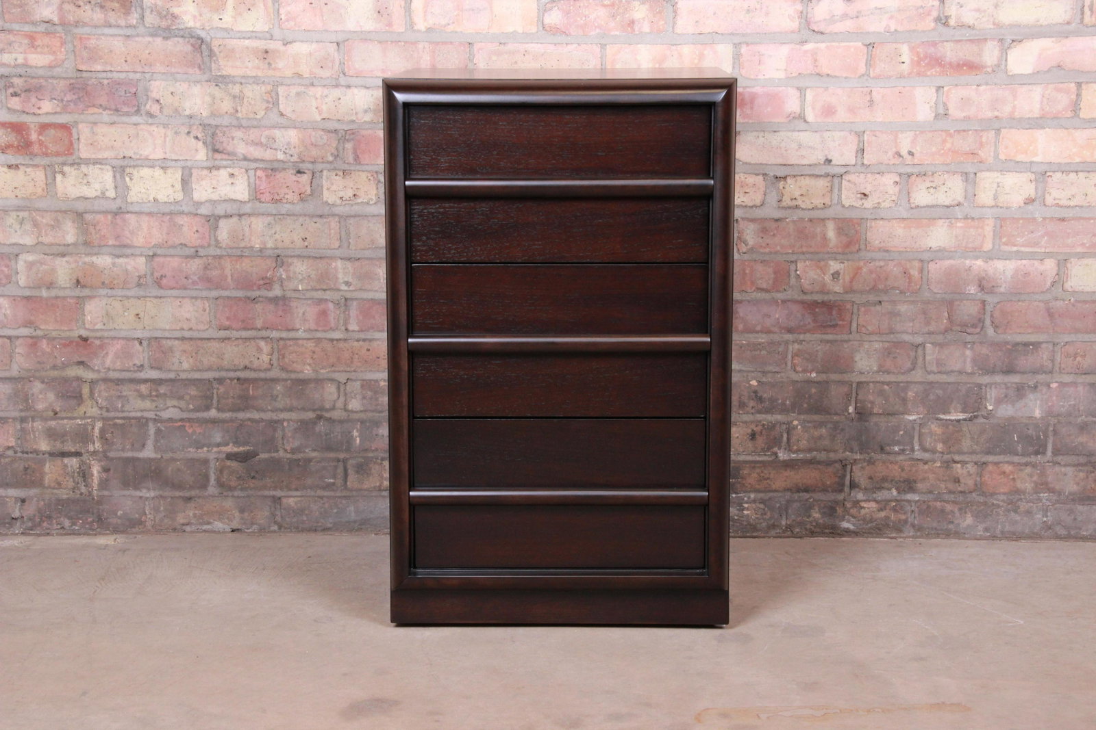 Robsjohn-Gibbings for Widdicomb Ebonized Three-Drawer: An exceptional mid-century modern ebonized walnut three-drawer bachelor chest or nightstand By T.H. Robsjohn-Gibbings for Widdicomb USA 1950s Measures: 19"W x 20.5"D x 30.75"H. Expertly refinished. Ex