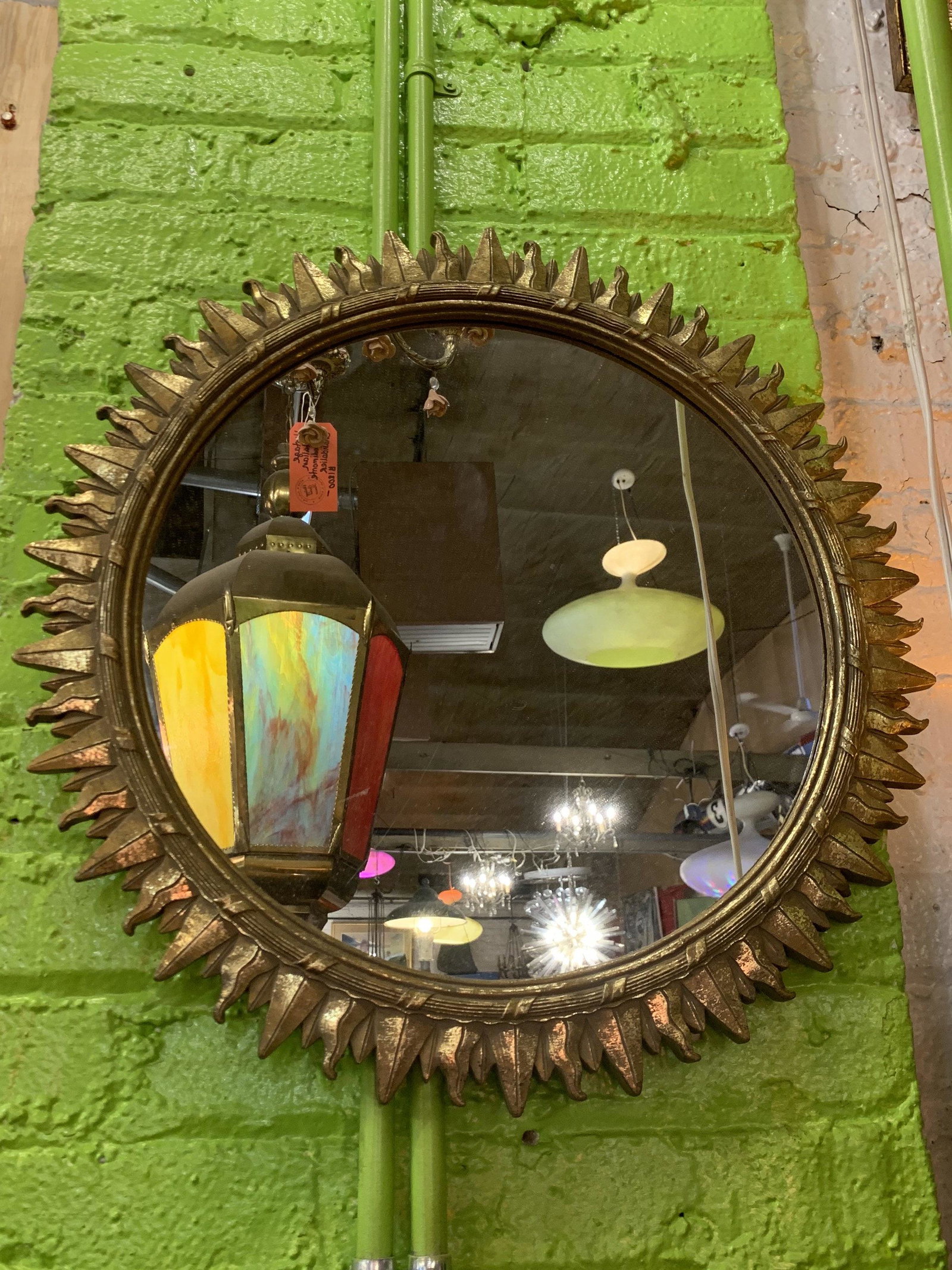 Vintage French Modern Carved Sunburst Wall Mirror: Vintage French Modern Carved Giltwood Sunburst Wall Mirror Beautifully Detailed Hand Carved Giltwood Sunburst Framed Round Mirror Ready to hang D 22 Great vintage condition All Bidhaus items come with