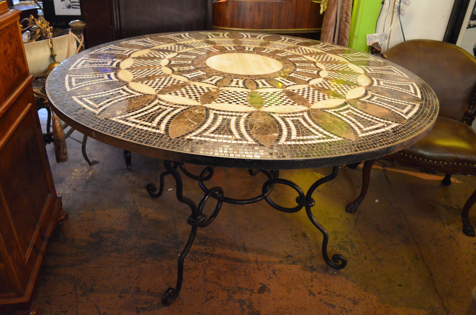 Italian Mosaic Marble Top on Wrought Iron Base Dining: Italian Custom Marble Mosaic Hand Laid Round Dining Table Indoor/Outdoor Gorgeous One of a Kind Custom 52 Round Cement Slab Table Top with Multi-Shaded Brown and White Hand Cut and Placed Marble Mosai