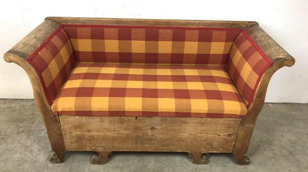 19thC Swedish Country Pine Settee: Bottom Drawer With Pull Out Bed Style / Item Type: Primitive Time Period: Materials: Wood Fabric Color: Dimentions: 28 1/4"h x 53"w x 22"d Condition: Condition: overall wear rustic Additional C