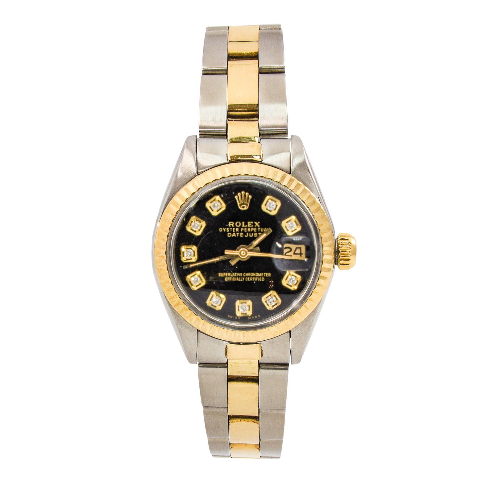 Authentic ROLEX DATEJUST 26mm Two-Tone Oyster Bracelet: ROLEX DATEJUST 26mm Two-Tone Oyster Bracelet Black Diamond Dial 18kt Yellow Gold Bezel Manufacturer: ROLEX Condition: Gently Used MM: 26MM Reference Number: 6917 All Bidhaus items come with a 100% mon
