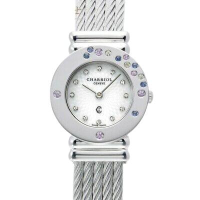 Authentic CHARRIOL Saint-Tropez 028ST: Genre: Wristwatch / ladies Brand: Chariol Product Name: Saint Tropez Model:: 028ST Serial: 02 Material: Stainless steel Dial: White shell/Diamond Bezel: Stainless Steel // Multi Stone Belt: Stainless