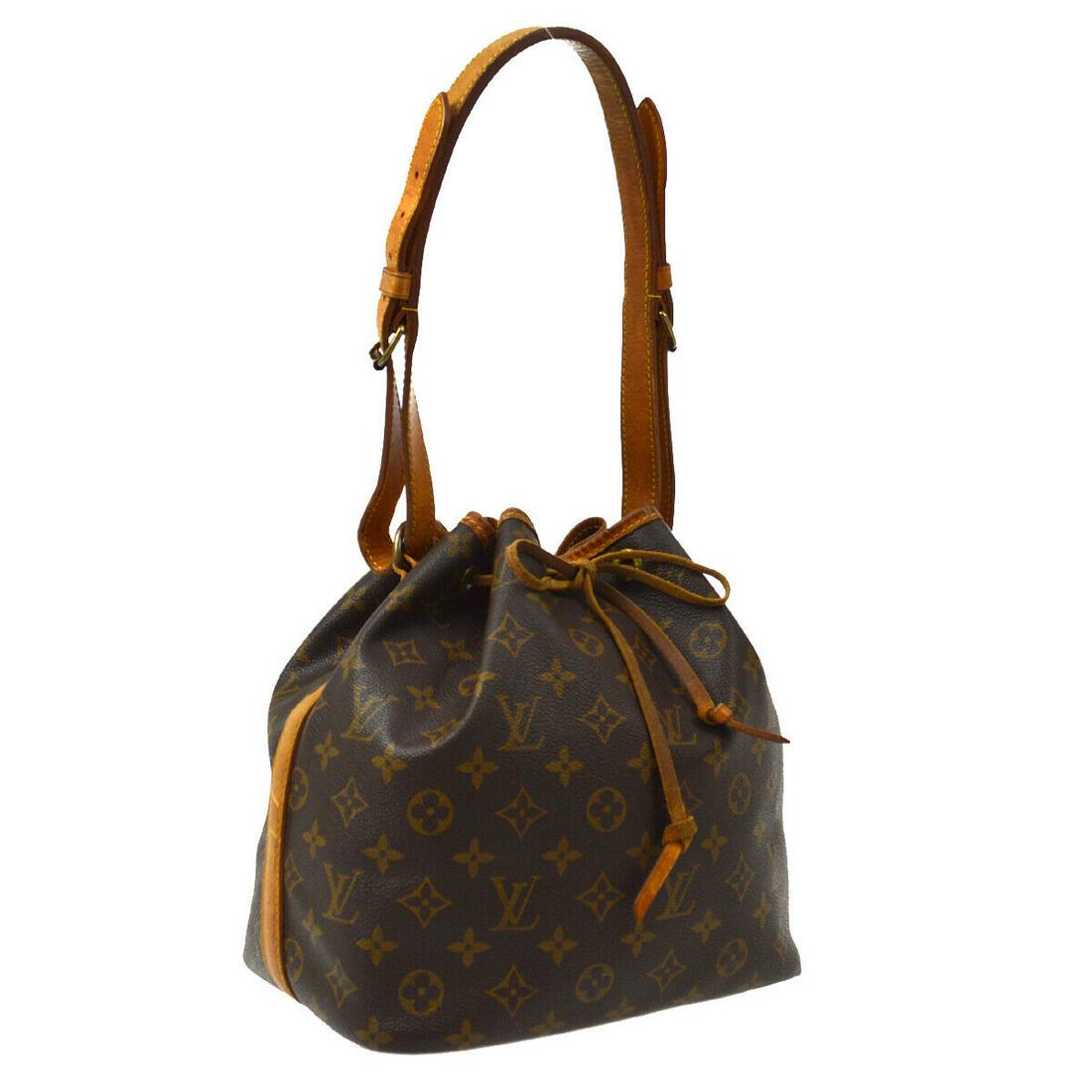 Authentic LOUIS VUITTON Petit Noe Shoulder Bag: Brand: LOUIS VUITTON Model: Petit Noe Shoulder Bag Country of Origin: France Material: Canvas Color: Brown Size (Inch): W 9.4 x H 10.6 x D 7.1 " Strap Drop. 9.3 - 13.0 " Size (CM): W 24.0 x H 27.0 x D