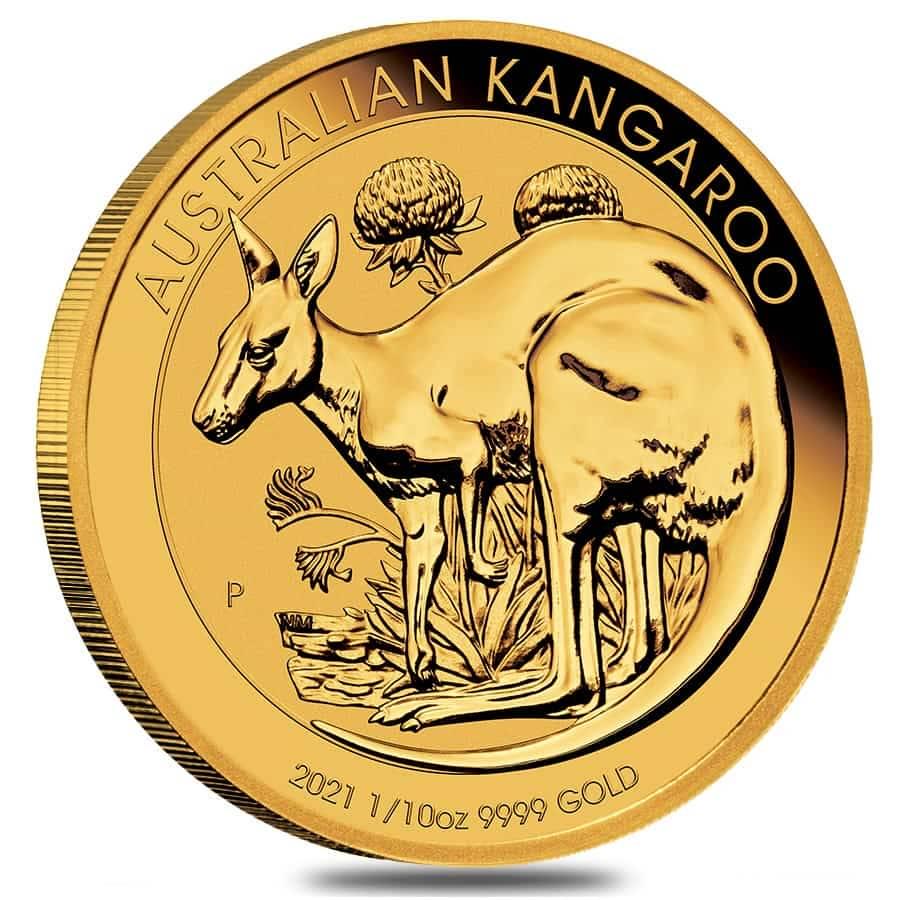 2021 1/10 oz Australian Gold Kangaroo Perth Mint Coin: You are bidding on the total lot which includes 1 of the following item: 2021 1/10 oz Australian Gold Kangaroo Perth Mint Coin .9999 Fine BU In Cap Now the 2021 1/10 oz Australian Gold Kangaroo Coin i