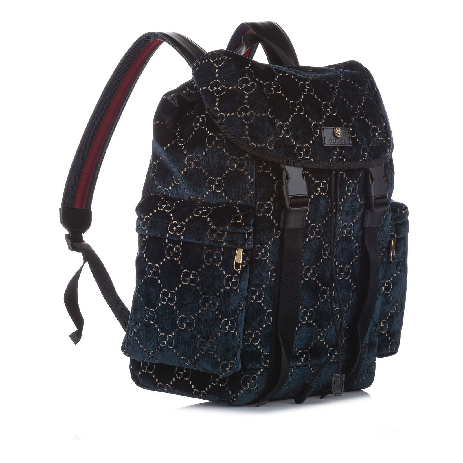 Authentic Gucci GG Velvet Backpack: This backpack features a velvet body exterior side zip pockets a flat top handle a flat adjustable shoulder strap a top flap with buckle closures a drawstring closure exterior zip and slip pockets and