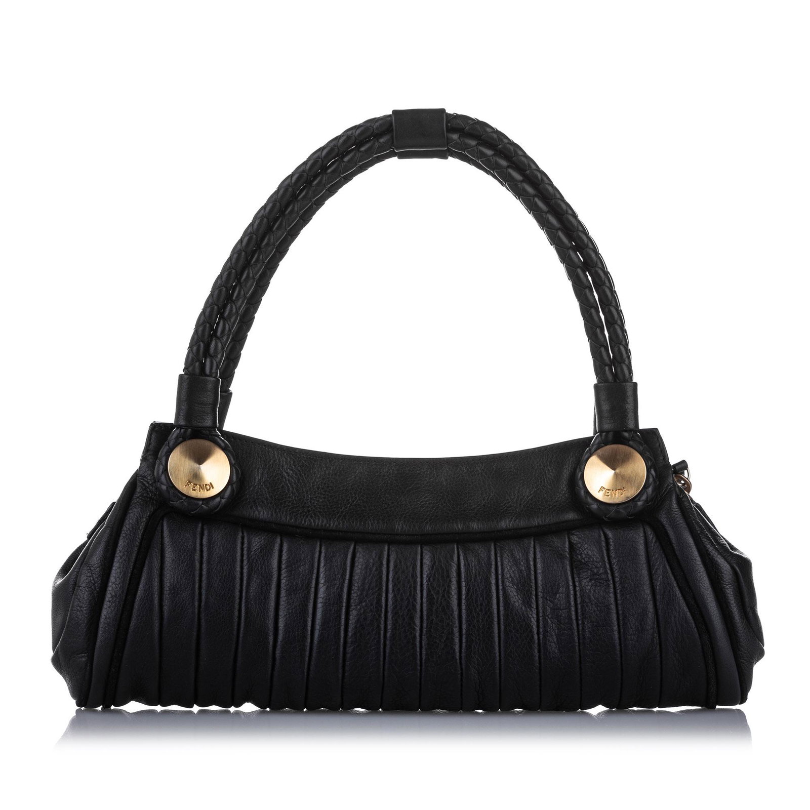 Authentic Fendi Leather Handbag: This handbag features a leather body braided leather handles a top zip closure and an interior slip pocket. Brand: Fendi Model: Leather Handbag Origin: ITALY Category: Handbag Color: Black Style: Othe