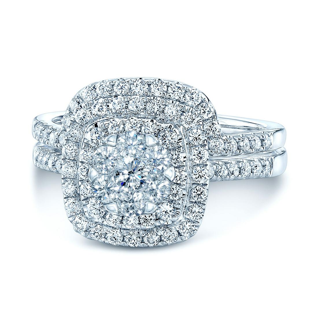 Diamond Cushion Shape Double Entourage Wed Set In 14k: Magnificent Diamond Cushion Shape Double Entourage Wed Set Has 0.98 Carats Of Round Brilliants Set In 14k White Gold14k White Gold Coronet Qetesh Wed Set With 87 Round Brilliant Diamonds Weighing 0.98