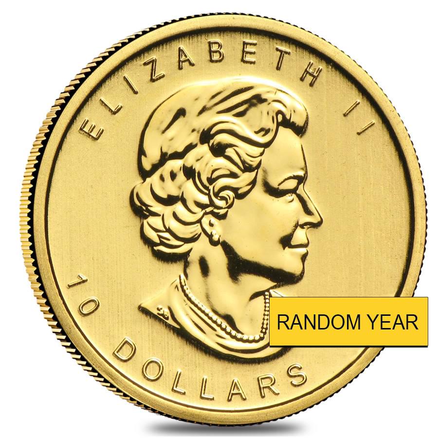 1/4 oz Canadian Gold Maple Leaf $10 Coin Scruffy: You are bidding on the total lot which includes 1 of the following item: 1/4 oz Canadian Gold Maple Leaf $10 Coin Scruffy (Random Year) Please note coin may contain light scratches nicks etc. This 1/4