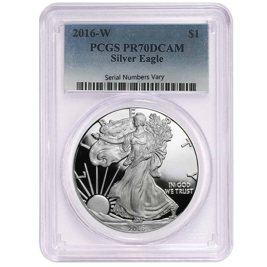 2016-W 1 oz Proof Silver American Eagle PCGS PF 70 -: You are bidding on the total lot which includes 1 of the following item: 2016-W 1 oz Proof Silver American Eagle PCGS PF 70 - 30th Anniv Please note the label design may vary. The Silver American Eagl