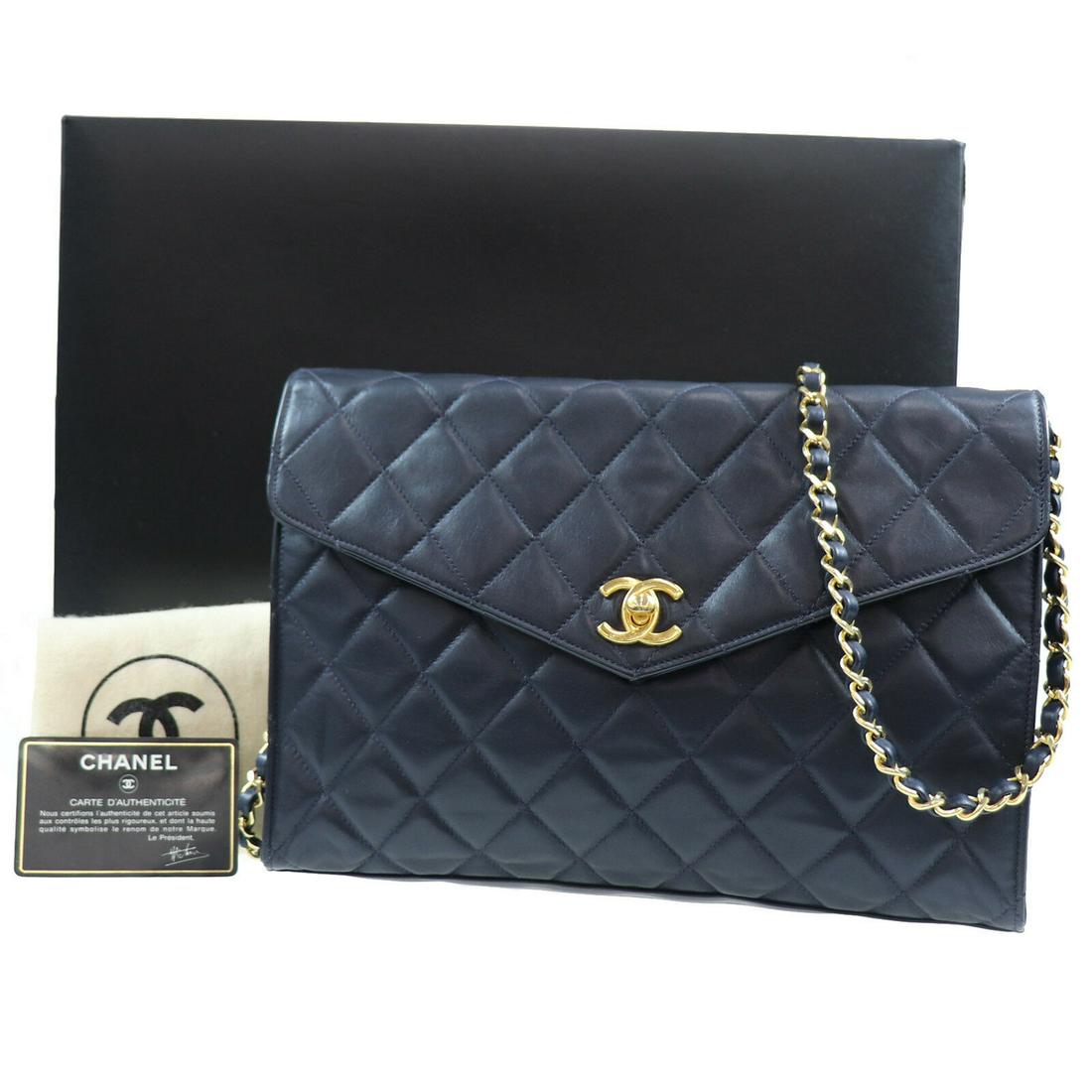 Authentic CHANEL Shoulder Bag: Brand: CHANEL Model: Shoulder Bag Country of Origin: Italy Material: Lambskin leather Color: Navy Bag Length: 11.0 Bag Height: 7.6 Bag Depth: 2.1 All Bidhaus items come with a 100 % money-back authent