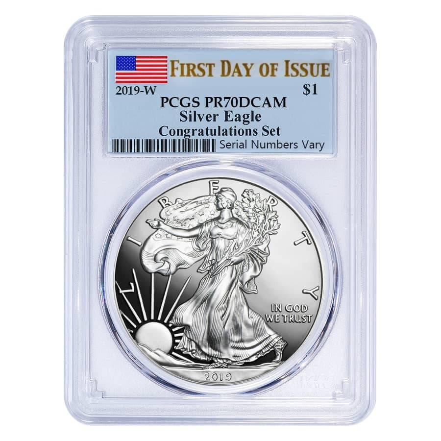 2019-W 1 oz Proof Silver American Eagle Congratulations: You are bidding on the total lot which includes 1 of the following item: 2019-W 1 oz Proof Silver American Eagle Congratulations Set PCGS PF 70 DCAM FDOI Bidhaus offers this beautiful 2019-W 1 oz Proo