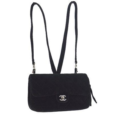 Authentic CHANEL Backpack: Brand: CHANEL Model: Backpack Country of Origin: France Material: Velvet Leather Color: Black Size (Inch): W 10.2 x H 5.9 x D 2.4 " Strap total length. 32.3 " Size (CM): W 26.0 x H 15.0 x D 6.0 cm Str