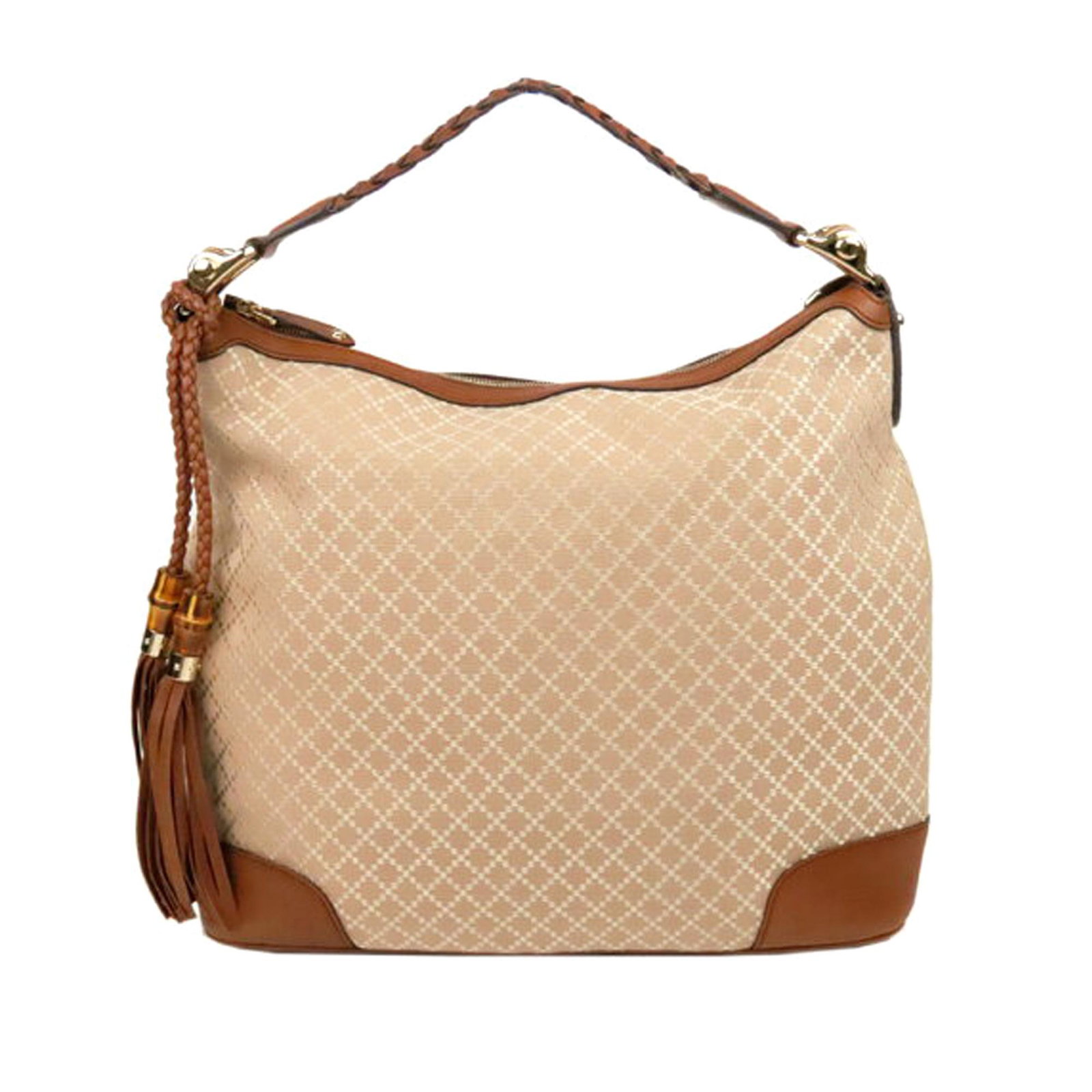 Authentic Gucci Diamante Eva Canvas Hobo Bag: This Eva features a canvas body with leather trim and tassel details a braided leather strap a top zip closure and interior zip and open pockets. Brand: Gucci Model: Diamante Eva Canvas Hobo Bag Origi